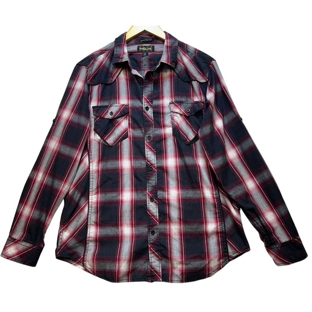 Helix Men's Athletic Fit Button Up Shirt Size L Multi Plaid Long Sleeve Casual